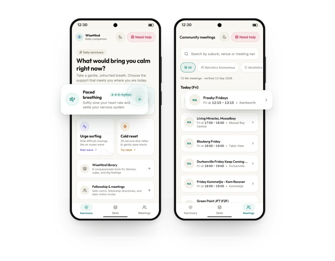 WiseMind home and meetings screens