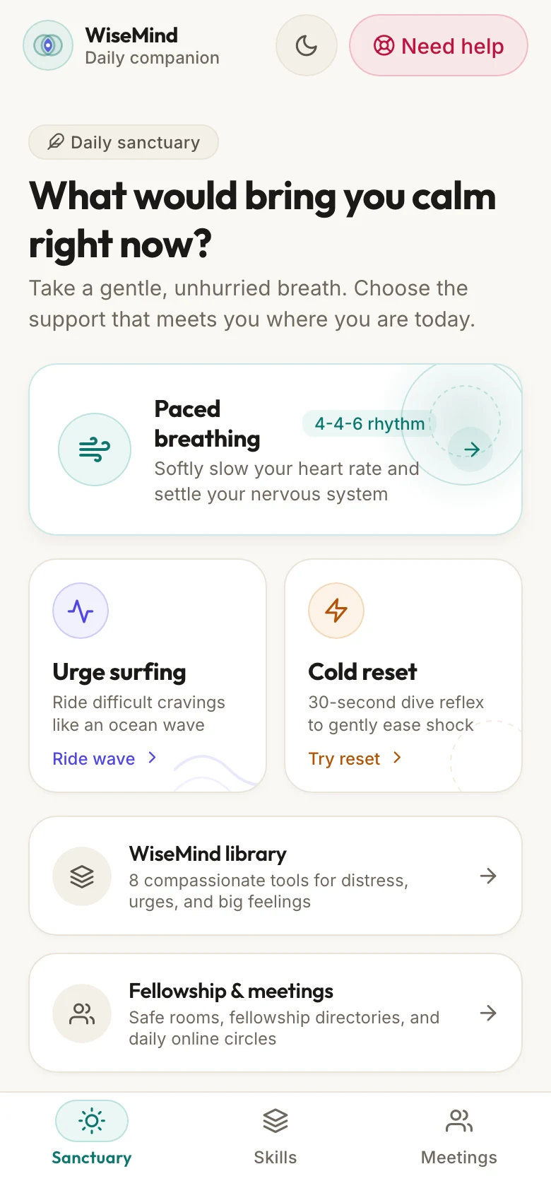 WiseMind home screen: what would bring you calm right now?
