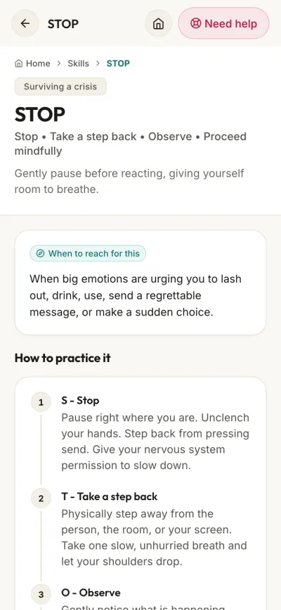 The DBT STOP skill in the WiseMind app, with its four steps