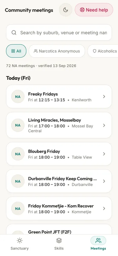 Today's NA meetings in the Western Cape, in the WiseMind Companion app