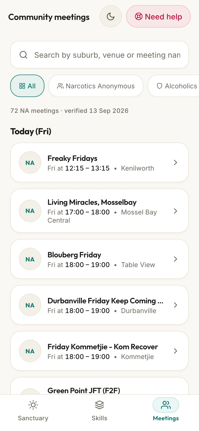 WiseMind meetings screen listing today's meetings