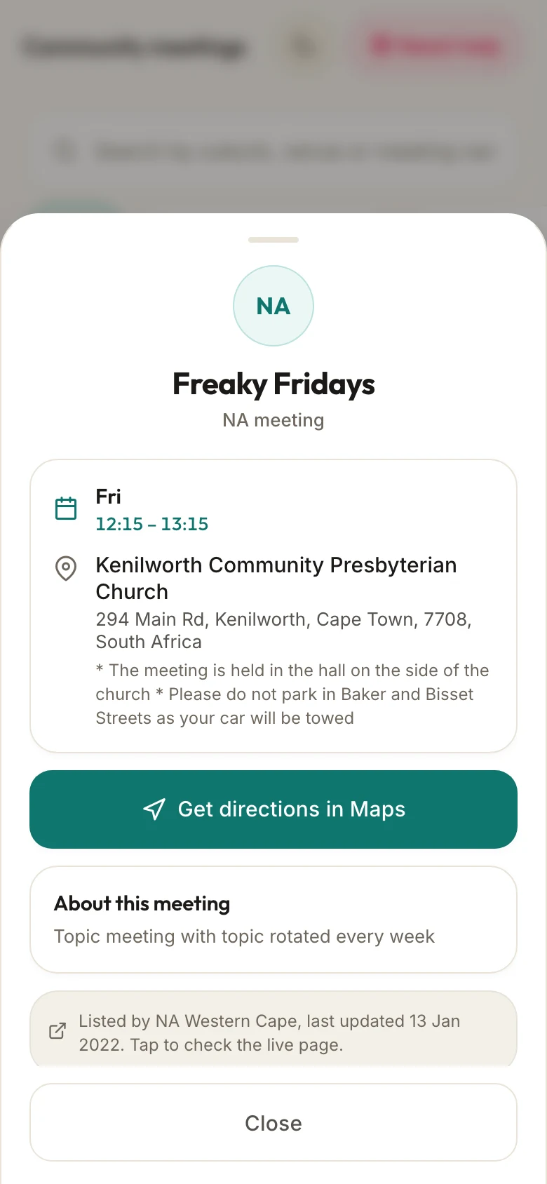 Meeting detail sheet with time, venue and directions