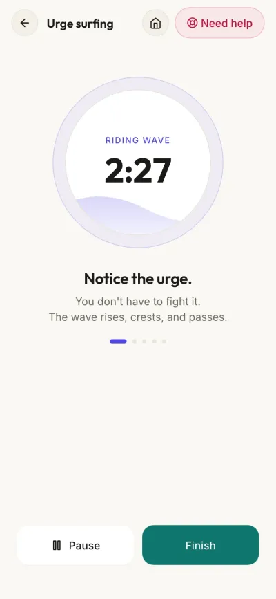 Urge surfing timer in the WiseMind app, following a wave